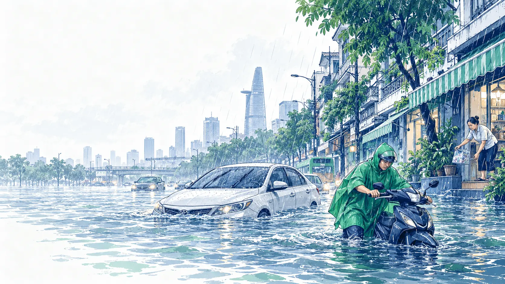 Minh hoạ đường phố TP.HCM ngập nước trong cơn mưa, ô tô và xe máy đi qua đoạn ngập