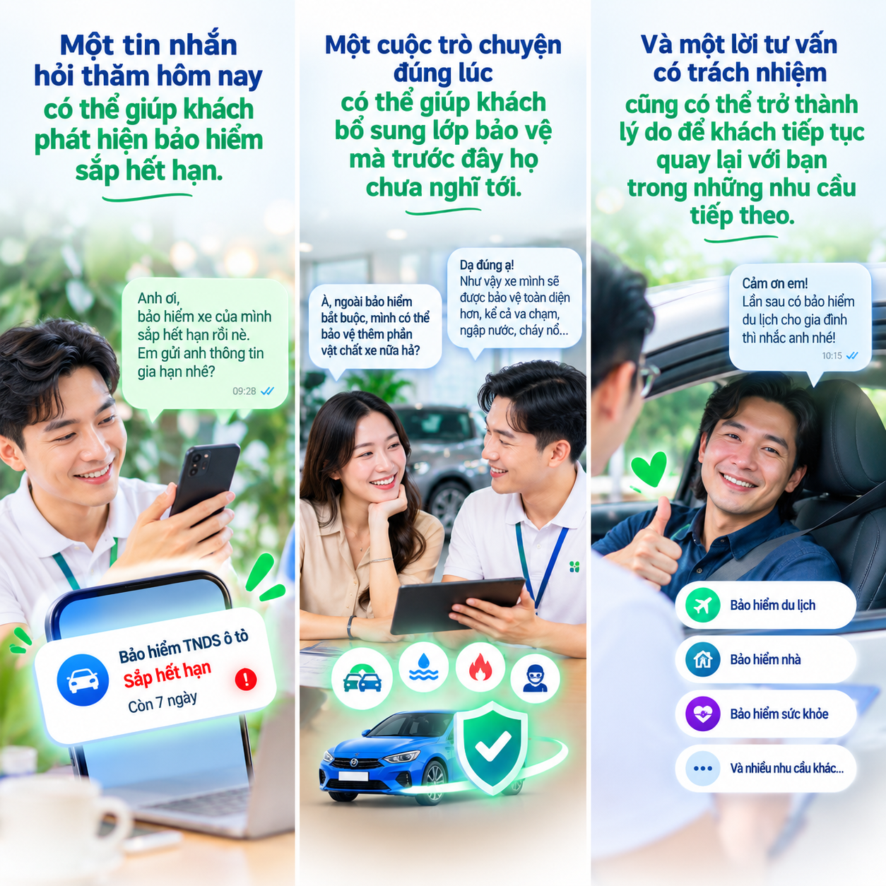 Một tin nhắn hỏi thăm hôm nay có thể giúp khách phát hiện bảo hiểm sắp hết hạn. Một cuộc trò chuyện đúng lúc có thể giúp khách bổ sung lớp bảo vệ mà trước đây họ chưa nghĩ tới. Và một lời tư vấn có trách nhiệm cũng có thể trở thành lý do để khách tiếp tục quay lại với bạn trong những nhu cầu tiếp theo.