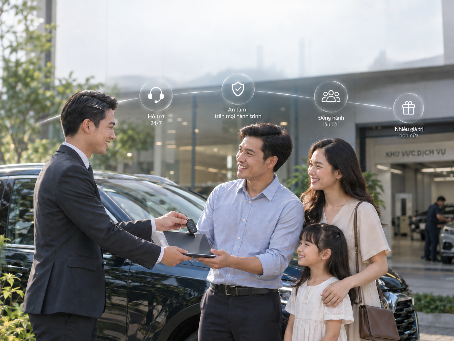 Nhân viên sales bàn giao xe cho khách hàng tại đại lý