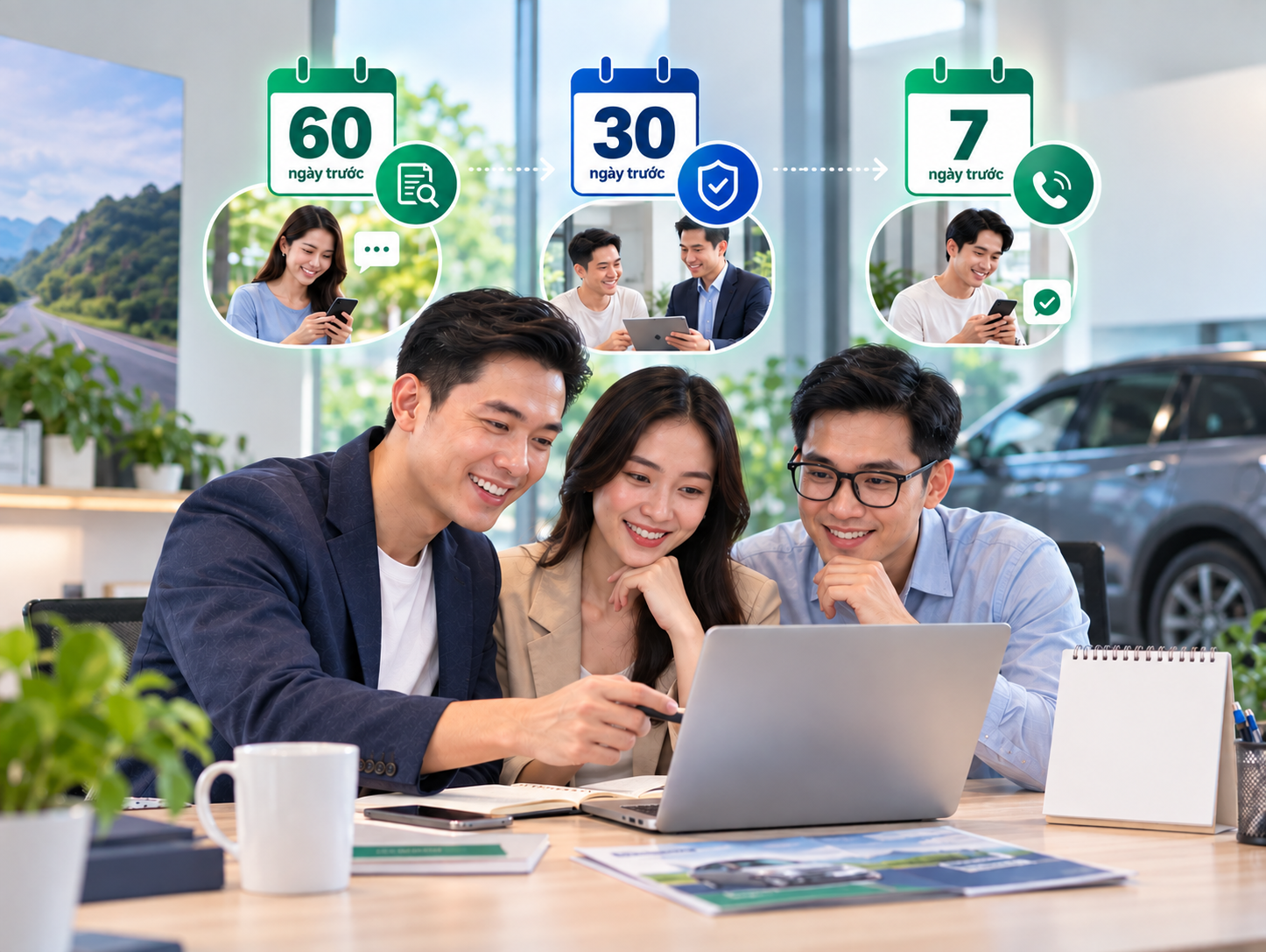 Minh hoạ nhịp chăm sóc khách hàng 60 - 30 - 7 ngày trước mốc tái tục