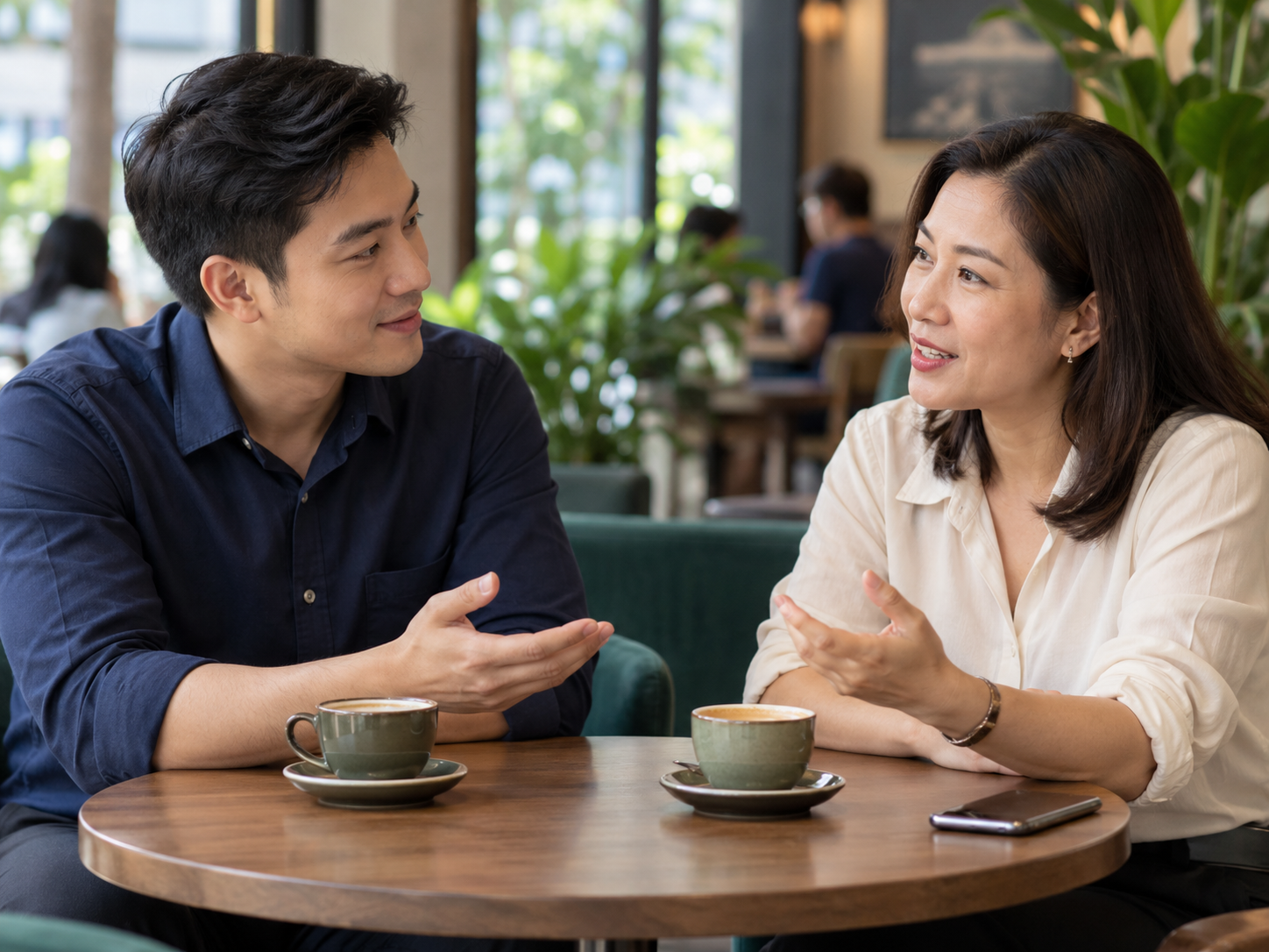 Hai người trò chuyện tại quán cà phê về nhu cầu bảo hiểm